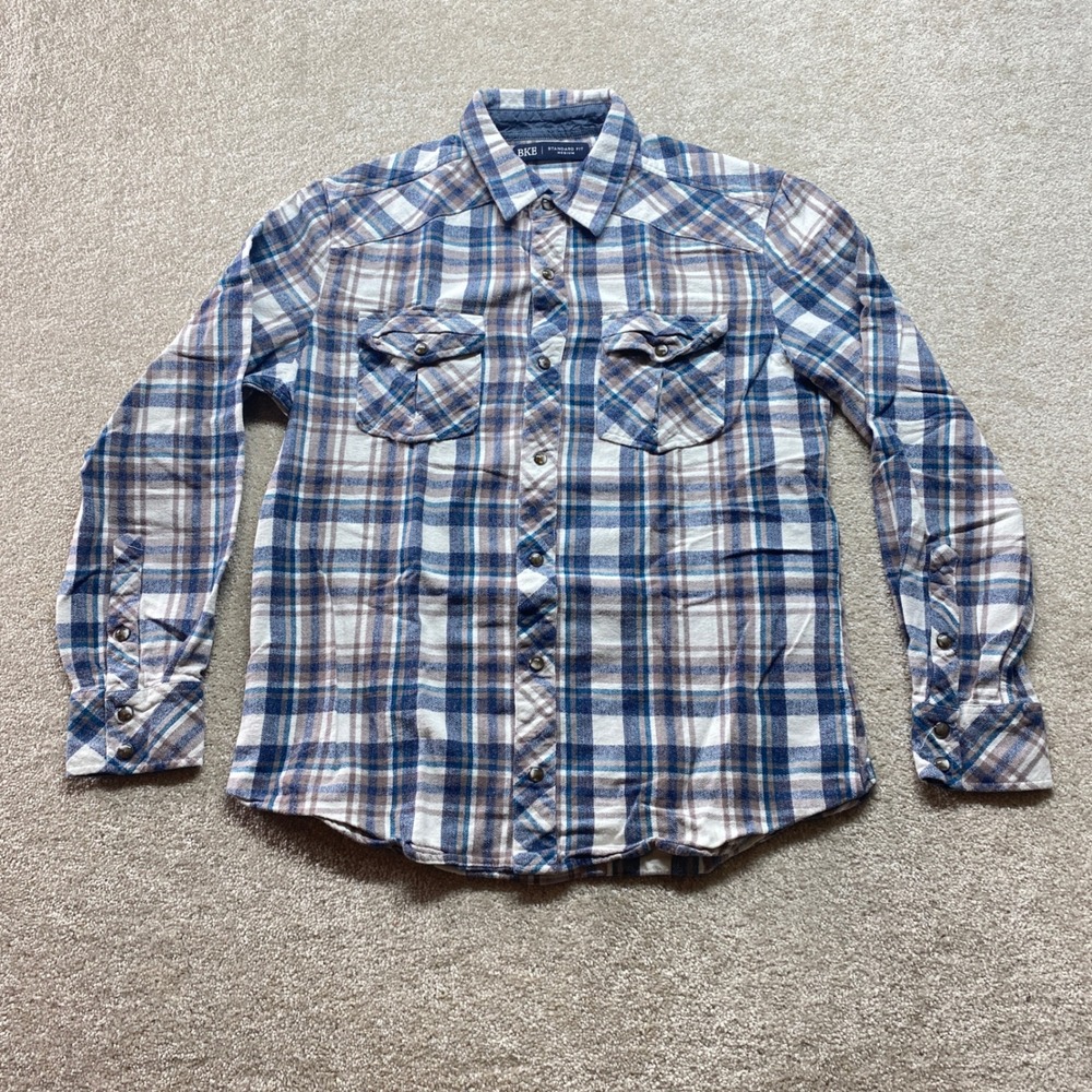 BKE Shirt Mens Medium Standard Fit Plaid‎ Flannel Long Sleeve Button Up Snap